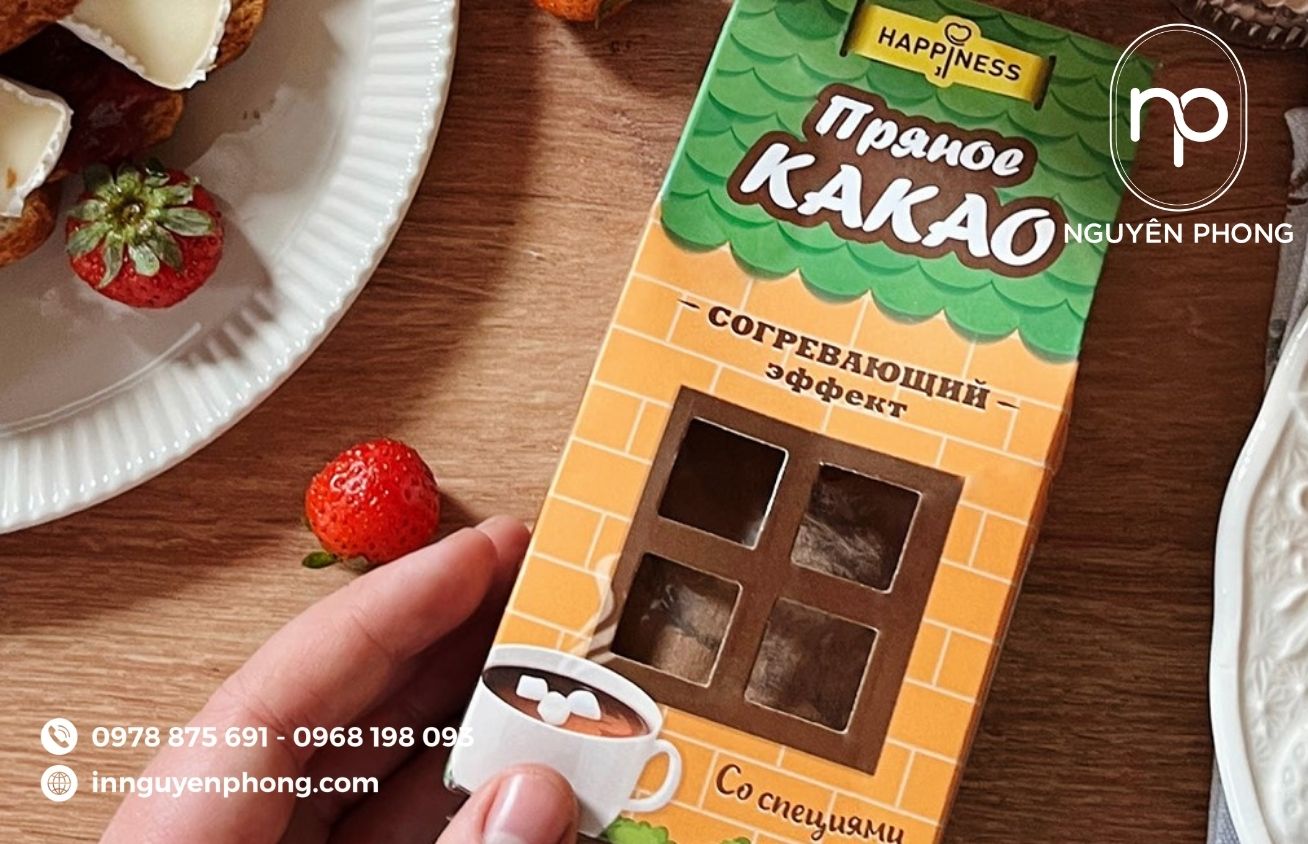 Mẫu hộp giấy đựng bột cacao cán màng mica trong suốt 